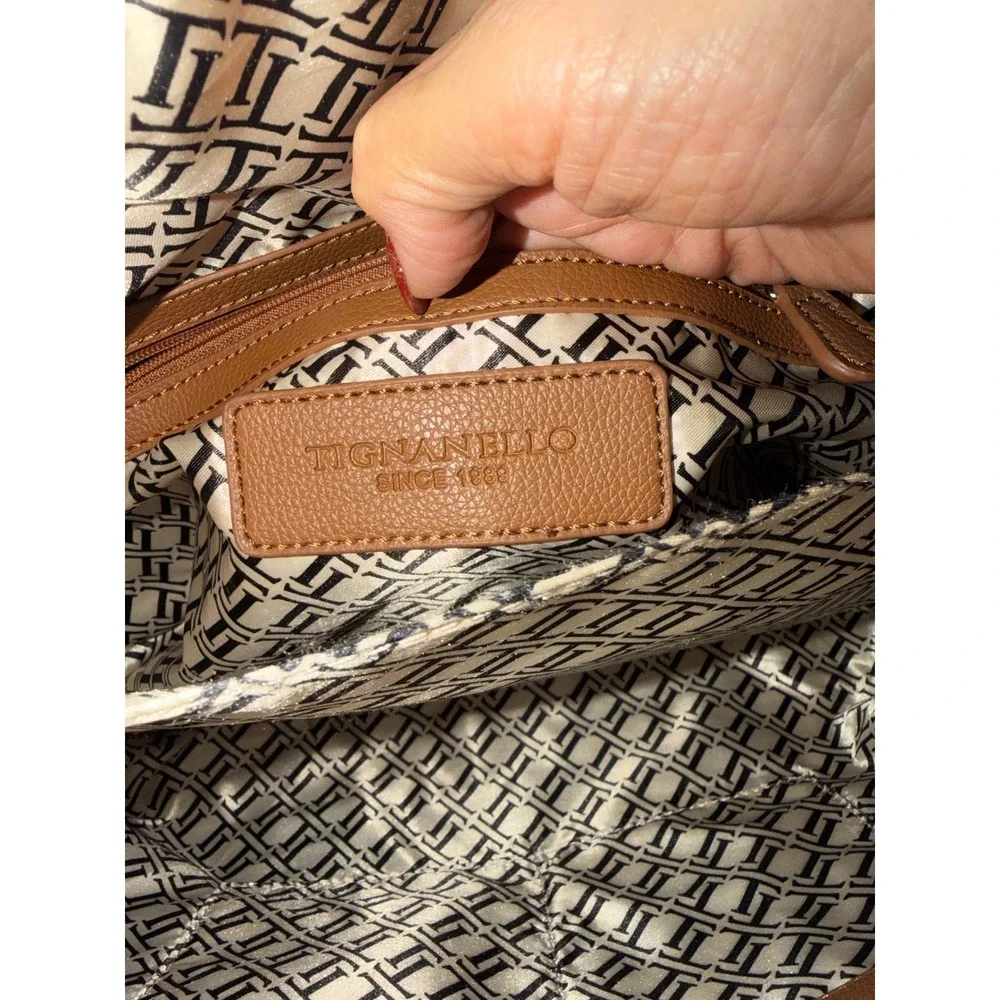 Tignanello Leather Satchel Handbag Brown Black Two Tone Pebbled Zip Top Bag
